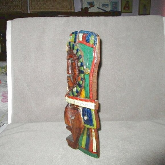 Vtg SUN & MOON Carved Wood TOTEM Native MASK Tiki GEMSTONES Chakra TRIBAL Aztec - Picture 7 of 12